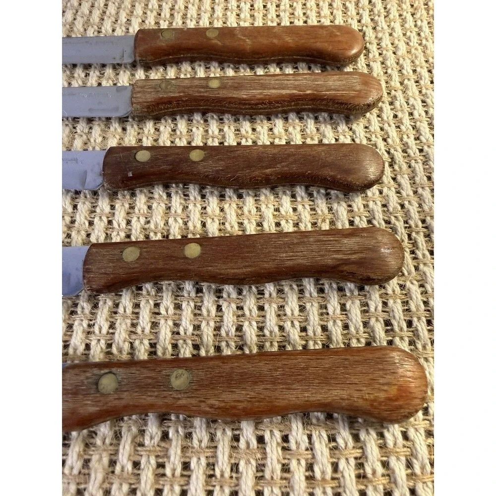 Vintage Ekco Vanadium Stainless Steel Serrated Knives Wood Handle USA Set Of 5